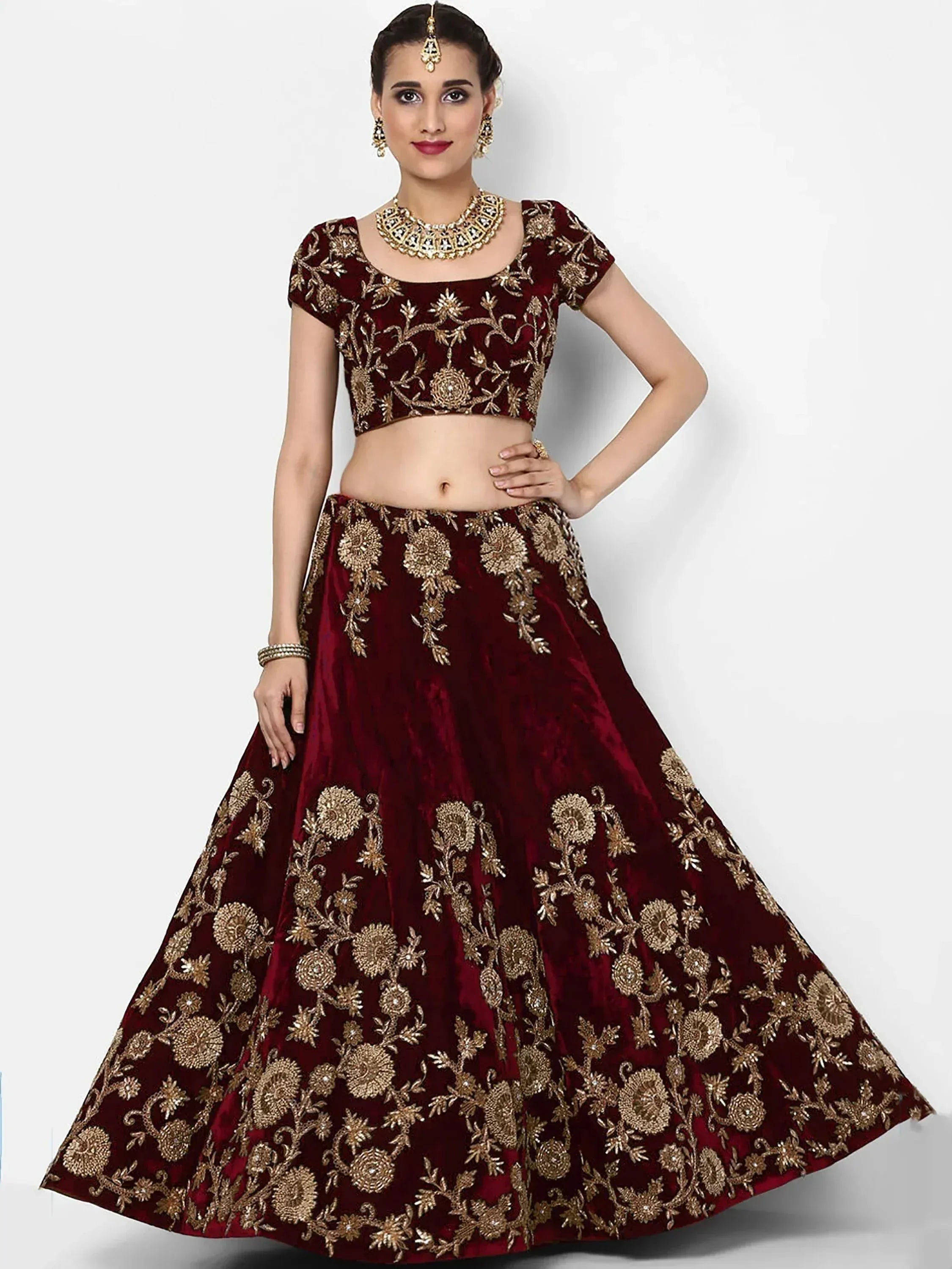 Tulsi Art Maroon Embroidered Velvet Bridal Lehenga Choli With Light Peach Dupatta | Grocsy
