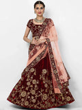 Tulsi Art Maroon Embroidered Velvet Bridal Lehenga Choli With Light Peach Dupatta | Grocsy