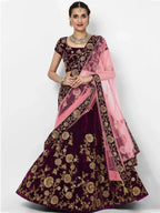 Tulsi Art Purple Embroidered Velvet Bridal Lehenga Choli With Baby Pink Dupatta | Grocsy