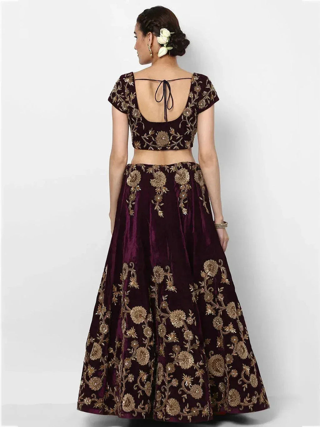 Tulsi Art Purple Embroidered Velvet Bridal Lehenga Choli With Baby Pink Dupatta | Grocsy