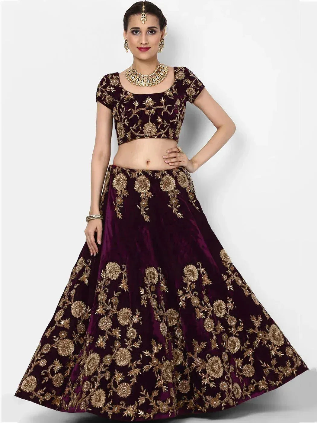 Tulsi Art Purple Embroidered Velvet Bridal Lehenga Choli With Baby Pink Dupatta | Grocsy