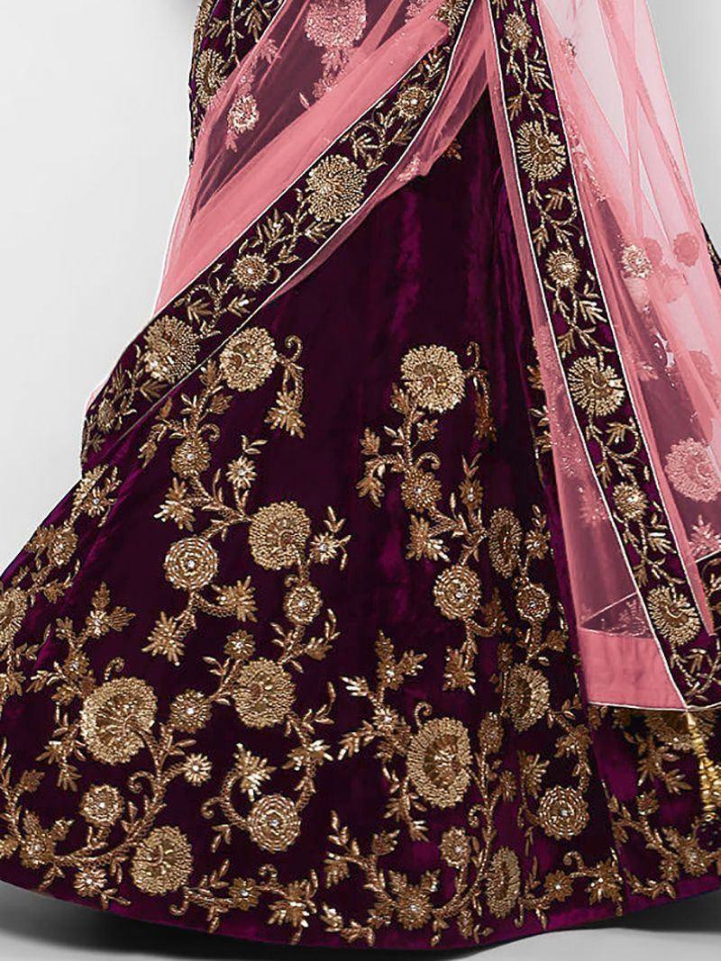 Tulsi Art Purple Embroidered Velvet Bridal Lehenga Choli With Baby Pink Dupatta | Grocsy