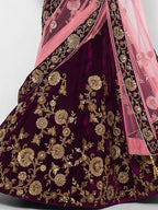 Tulsi Art Purple Embroidered Velvet Bridal Lehenga Choli With Baby Pink Dupatta | Grocsy