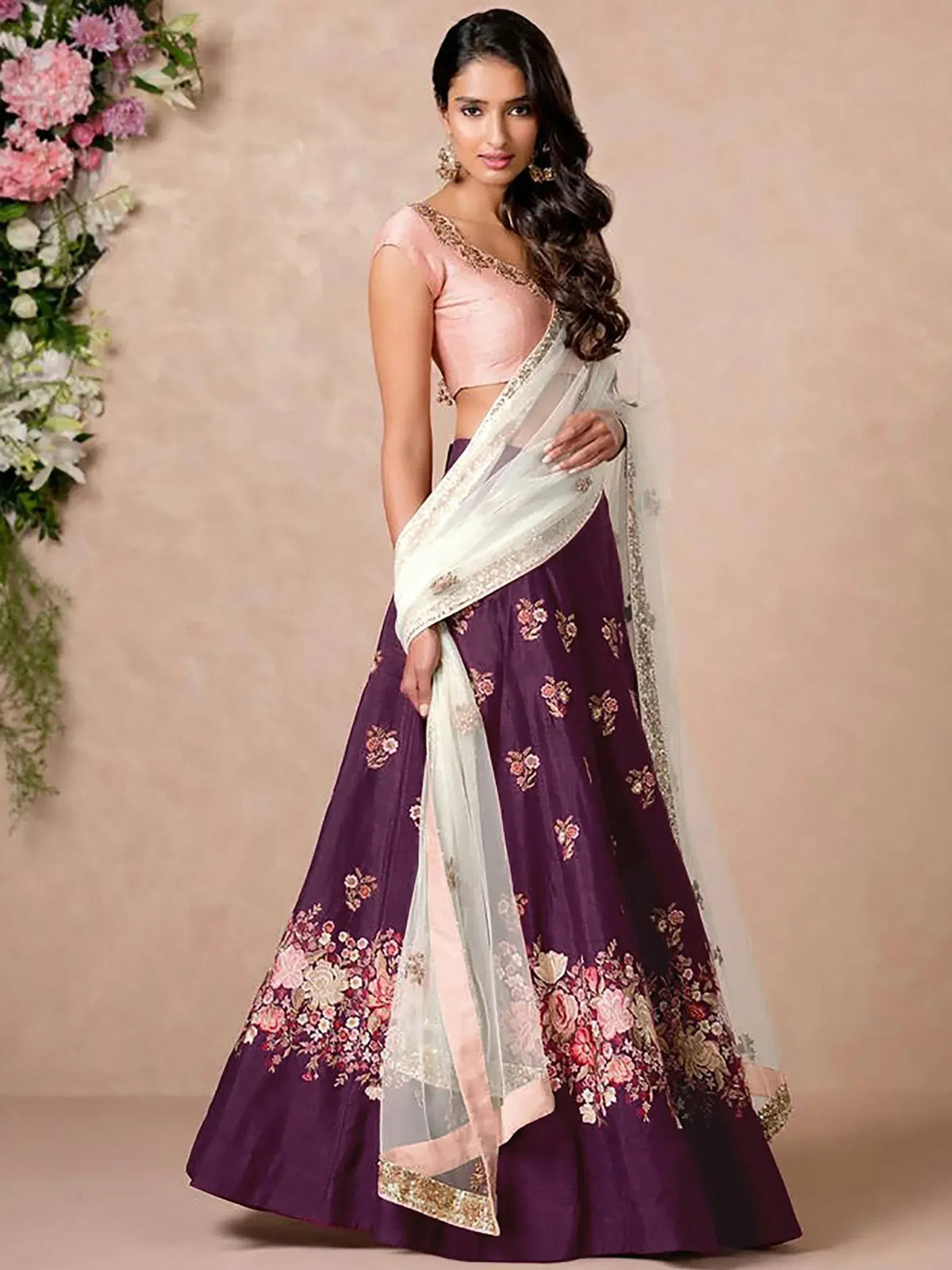 Tulsi Art Purple Dori Embroidered Silk Bridal Wedding Lehenga Choli | Grocsy