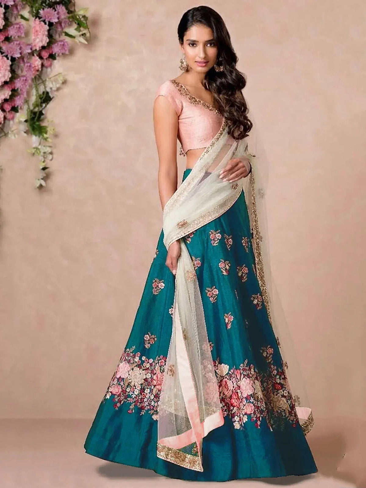 Tulsi Art Teal Blue Dori Embroidered Silk Bridal Wedding Lehenga Choli | Grocsy