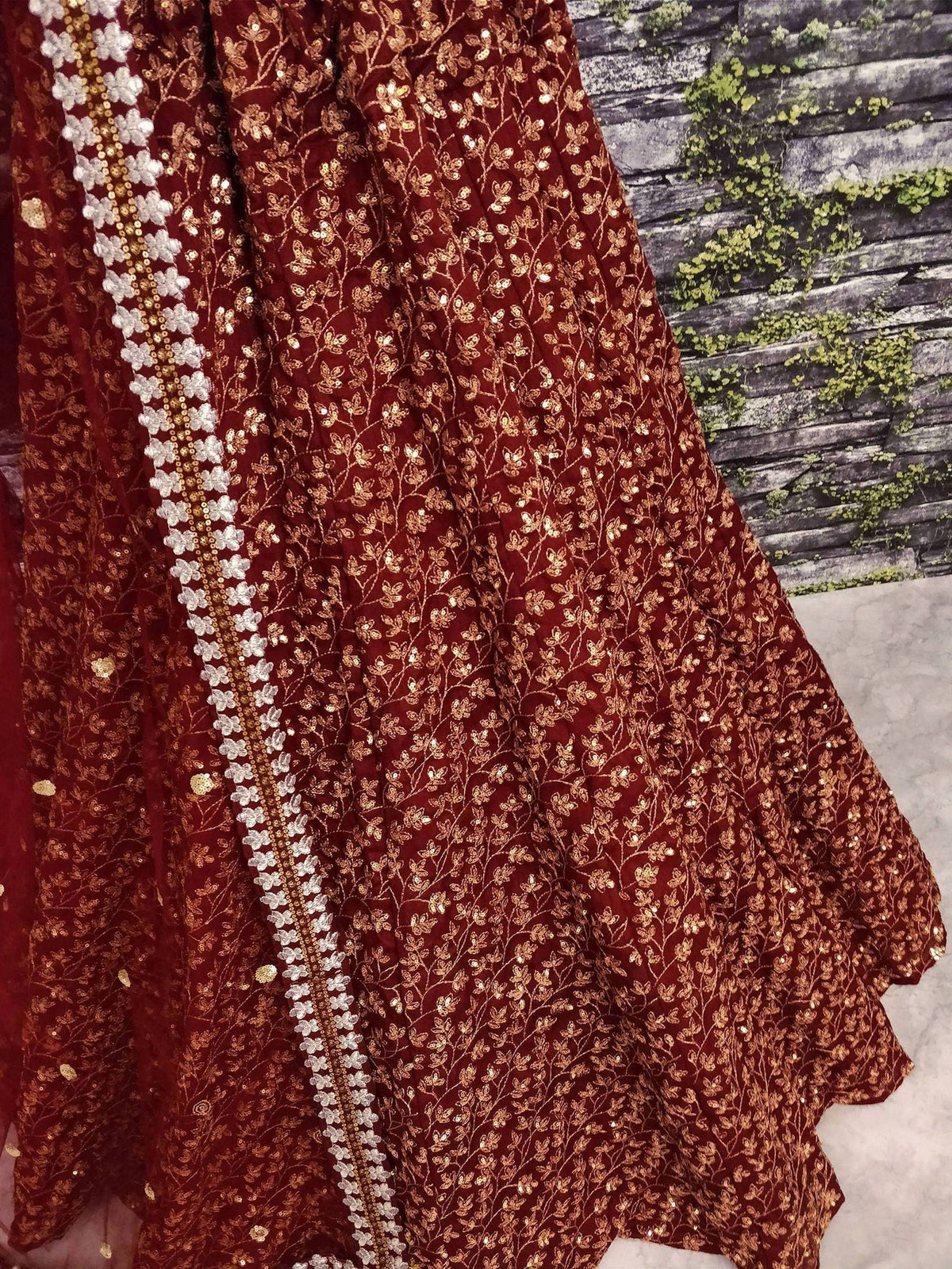 Tulsi Art Maroon Zari Embroidered Silk Bridal Lehenga Choli | Grocsy