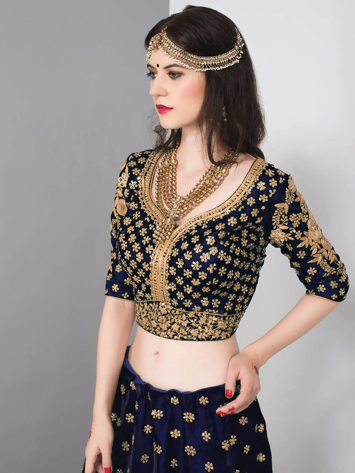 Tulsi Art Blue Embroidered Velvet Wedding Lehenga Choli With Dupatta | Grocsy