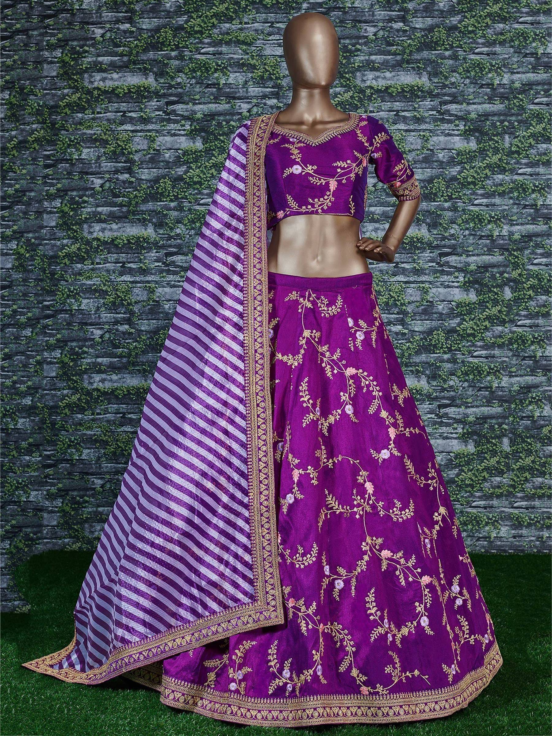 Tulsi Art Purple Embroidery Mulberry Silk Wedding Lehenga Choli | Grocsy