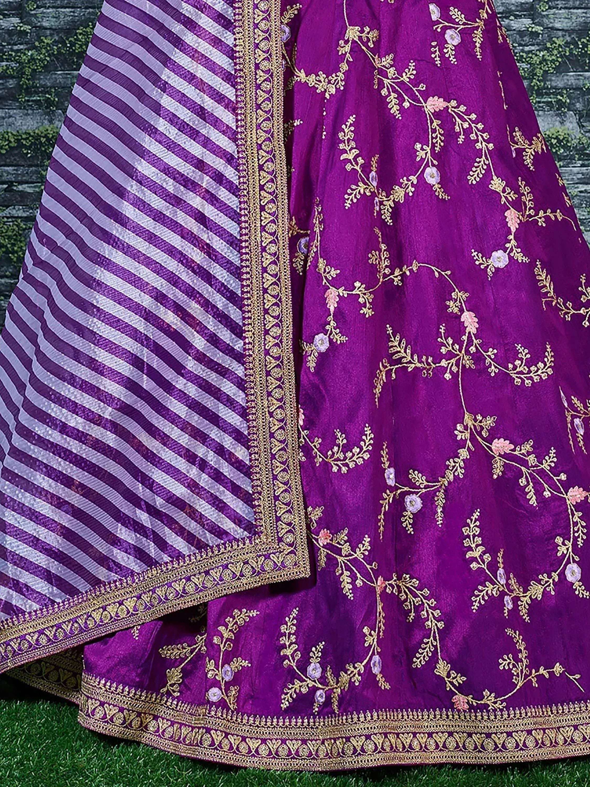 Tulsi Art Purple Embroidery Mulberry Silk Wedding Lehenga Choli | Grocsy
