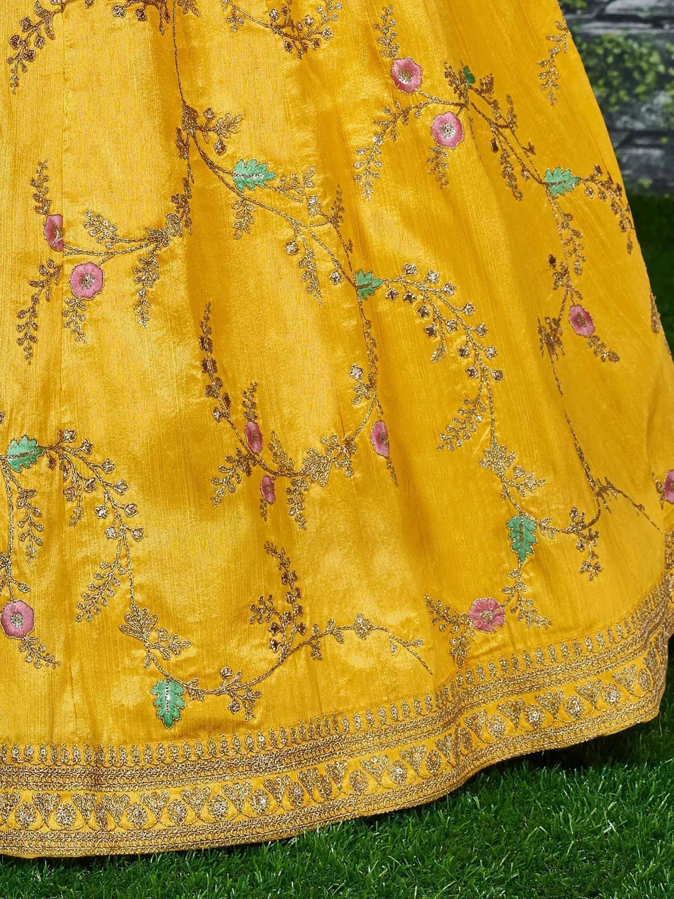 Tulsi Art Yellow Embroidery Mulberry Silk Wedding Lehenga Choli | Grocsy