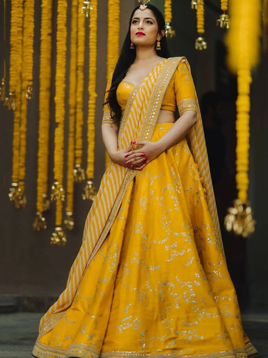 Tulsi Art Yellow Embroidery Mulberry Silk Wedding Lehenga Choli | Grocsy