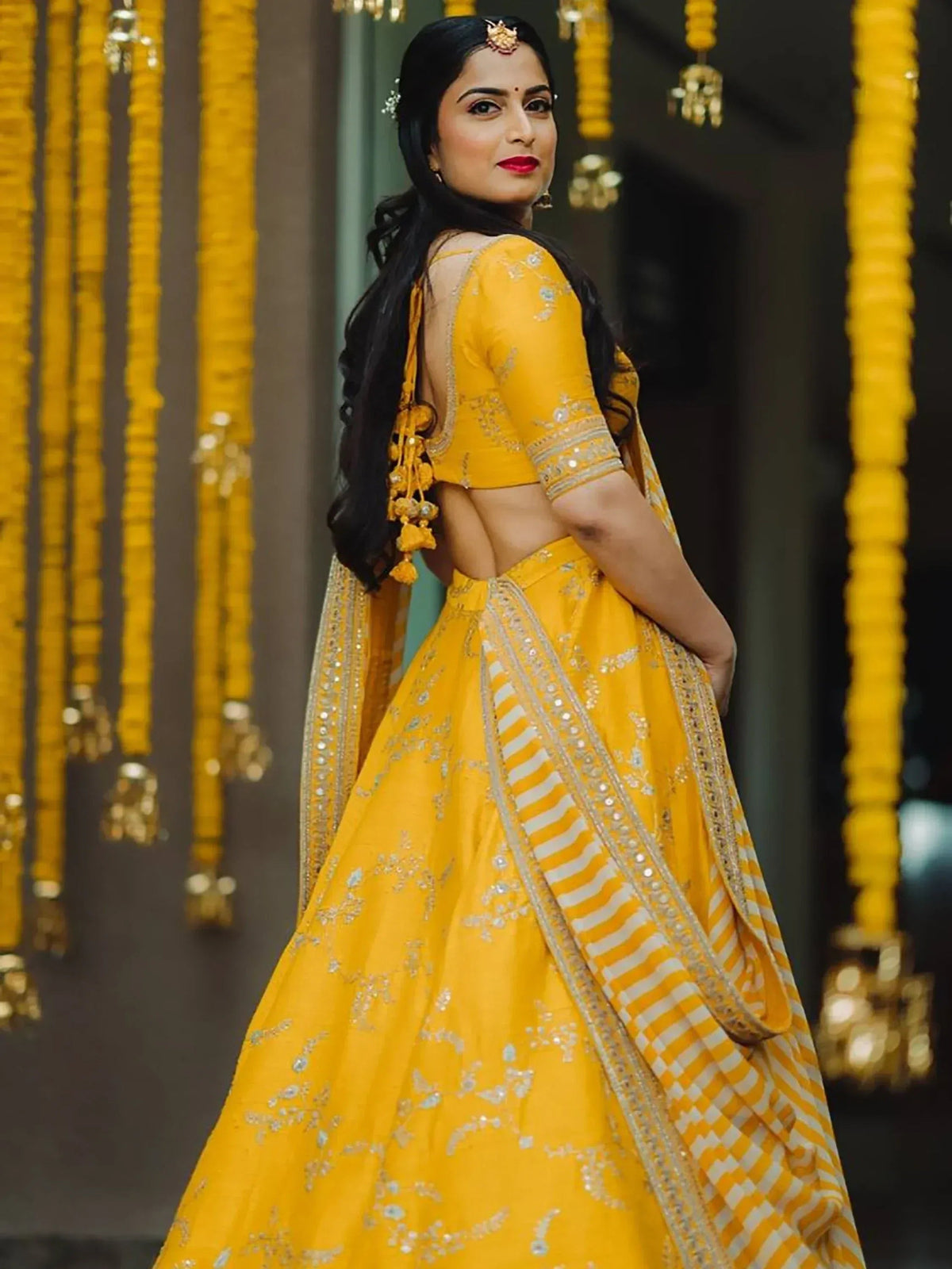Tulsi Art Yellow Embroidery Mulberry Silk Wedding Lehenga Choli | Grocsy