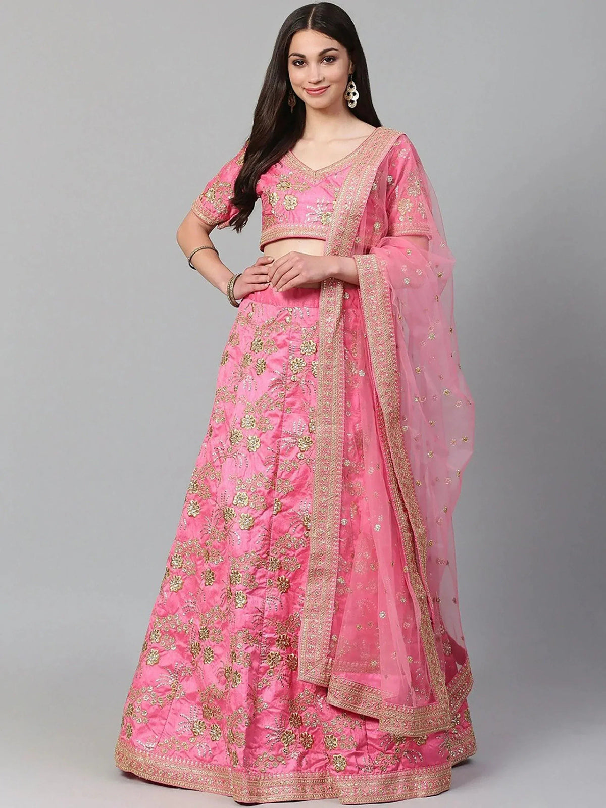 Tulsi Art Pink Embroidery Thai Silk Bridal Lehenga Choli | Grocsy