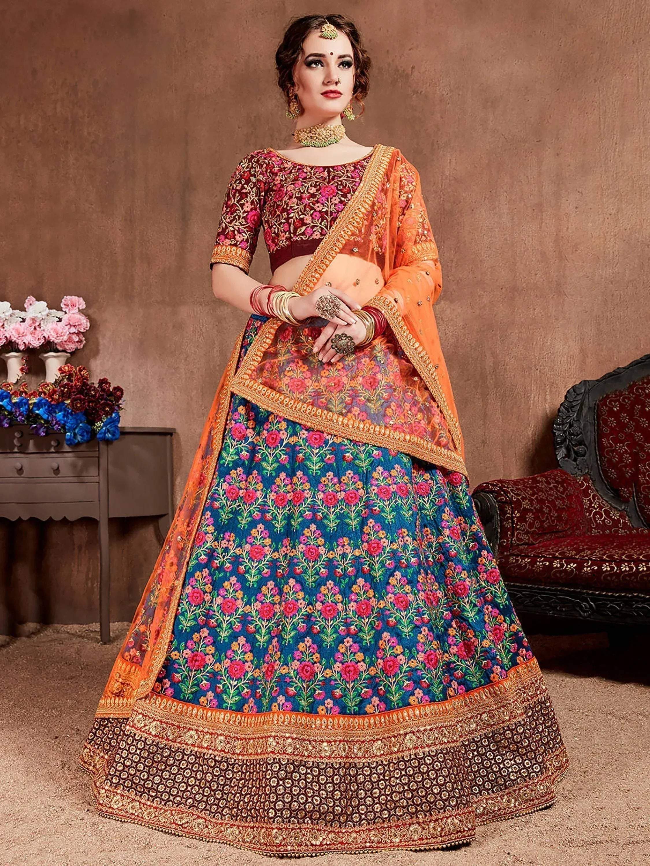 Tulsi Art Blue Heavy Embroidered Silk Wedding Lehenga Choli | Grocsy