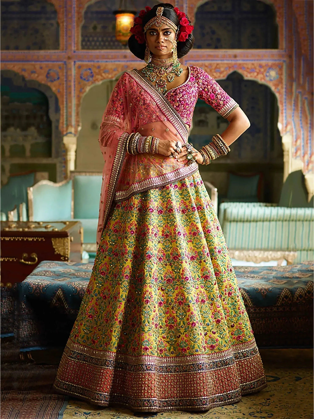Tulsi Art Yellow Heavy Embroidered Silk Wedding Lehenga Choli | Grocsy