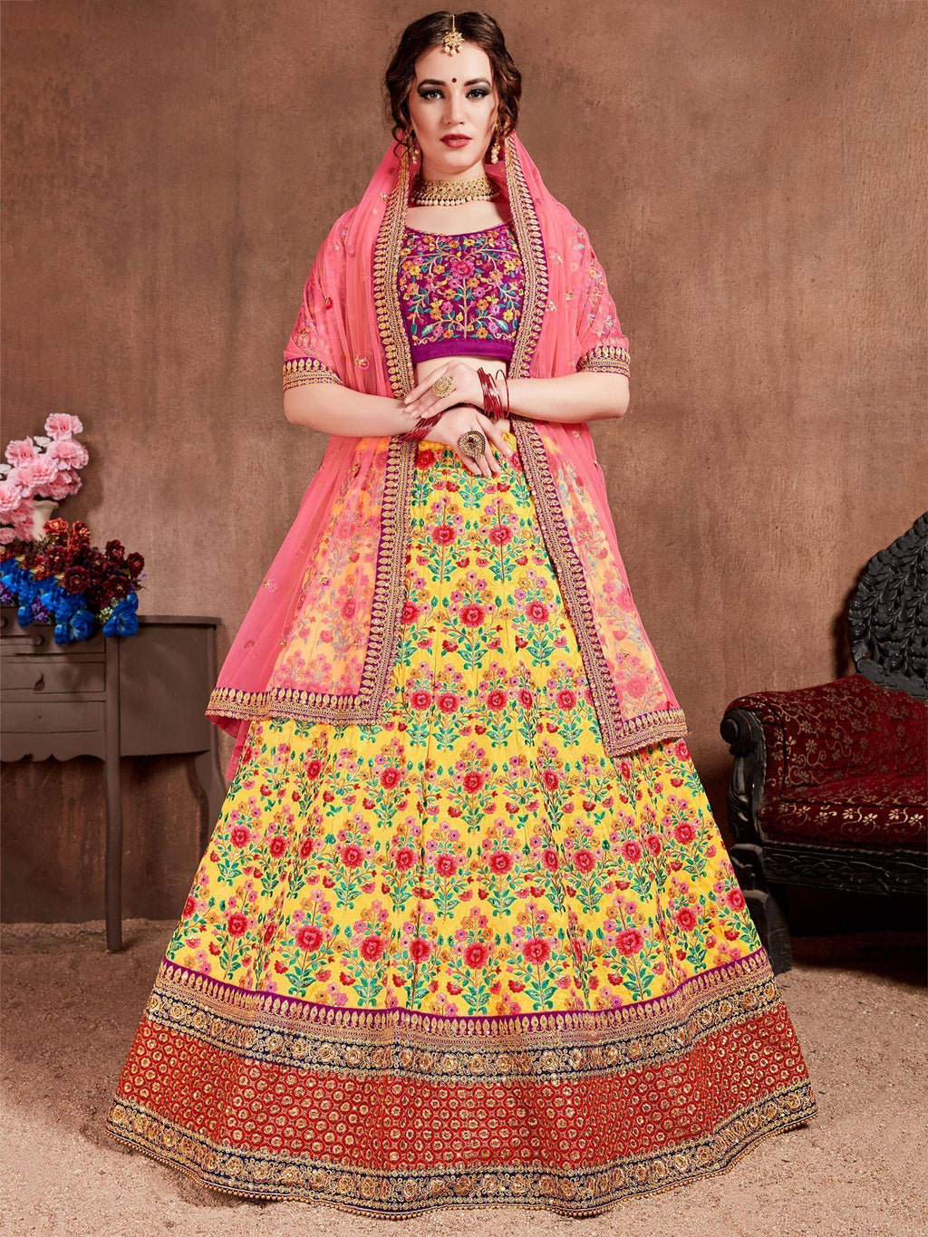 Tulsi Art Yellow Heavy Embroidered Silk Wedding Lehenga Choli | Grocsy