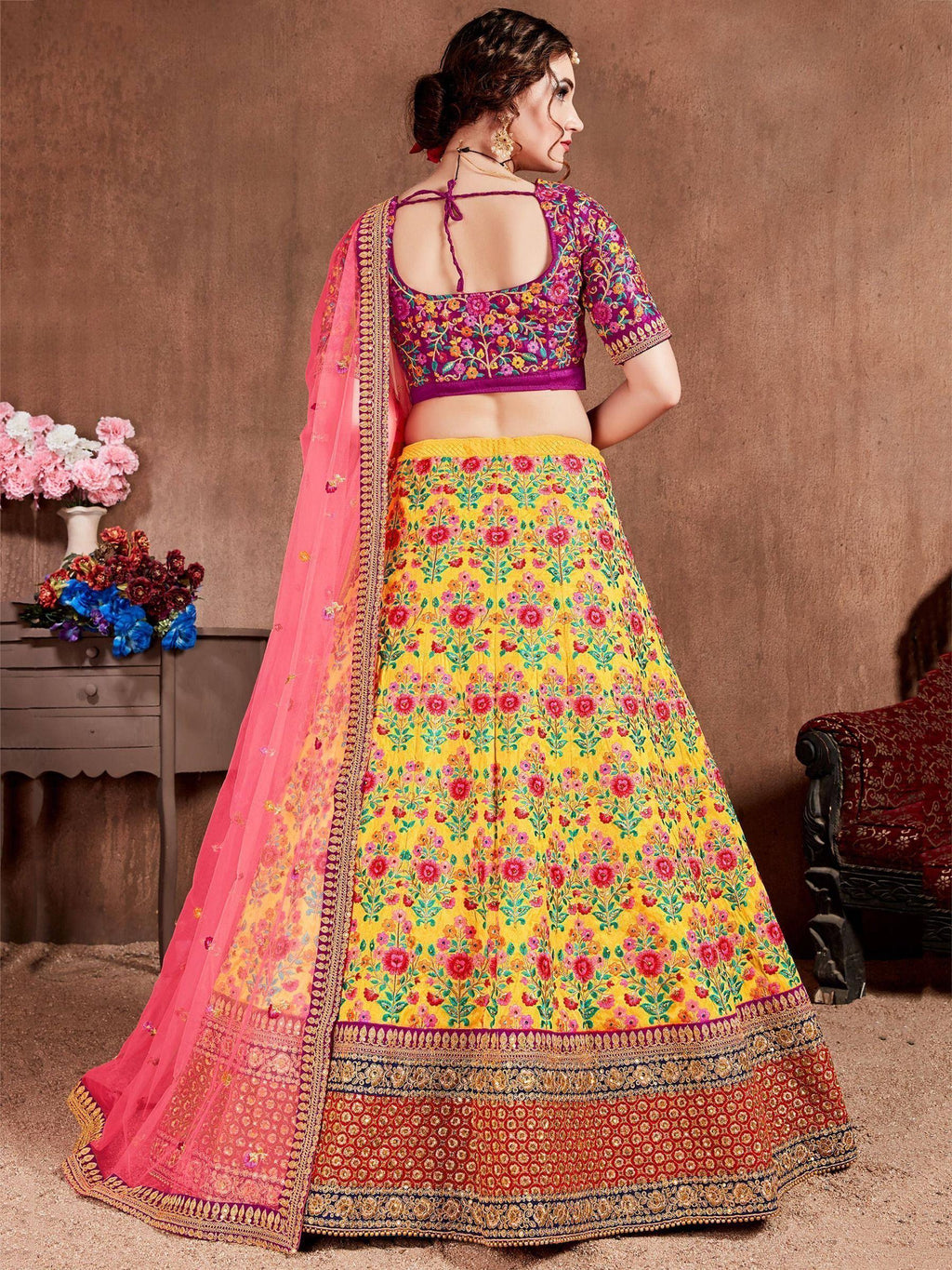 Tulsi Art Yellow Heavy Embroidered Silk Wedding Lehenga Choli | Grocsy