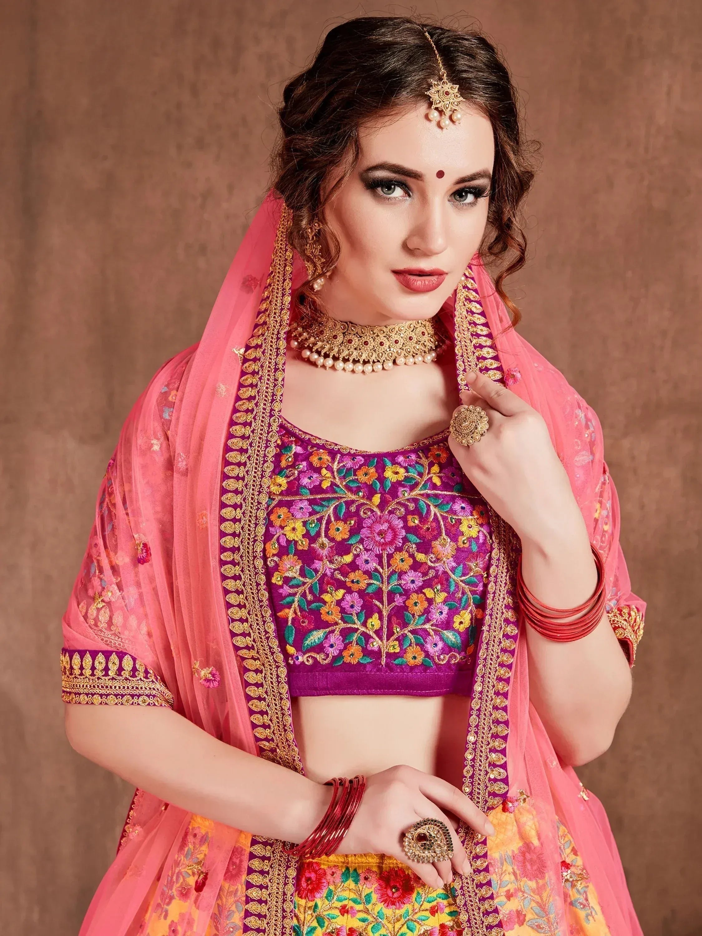 Tulsi Art Yellow Heavy Embroidered Silk Wedding Lehenga Choli | Grocsy