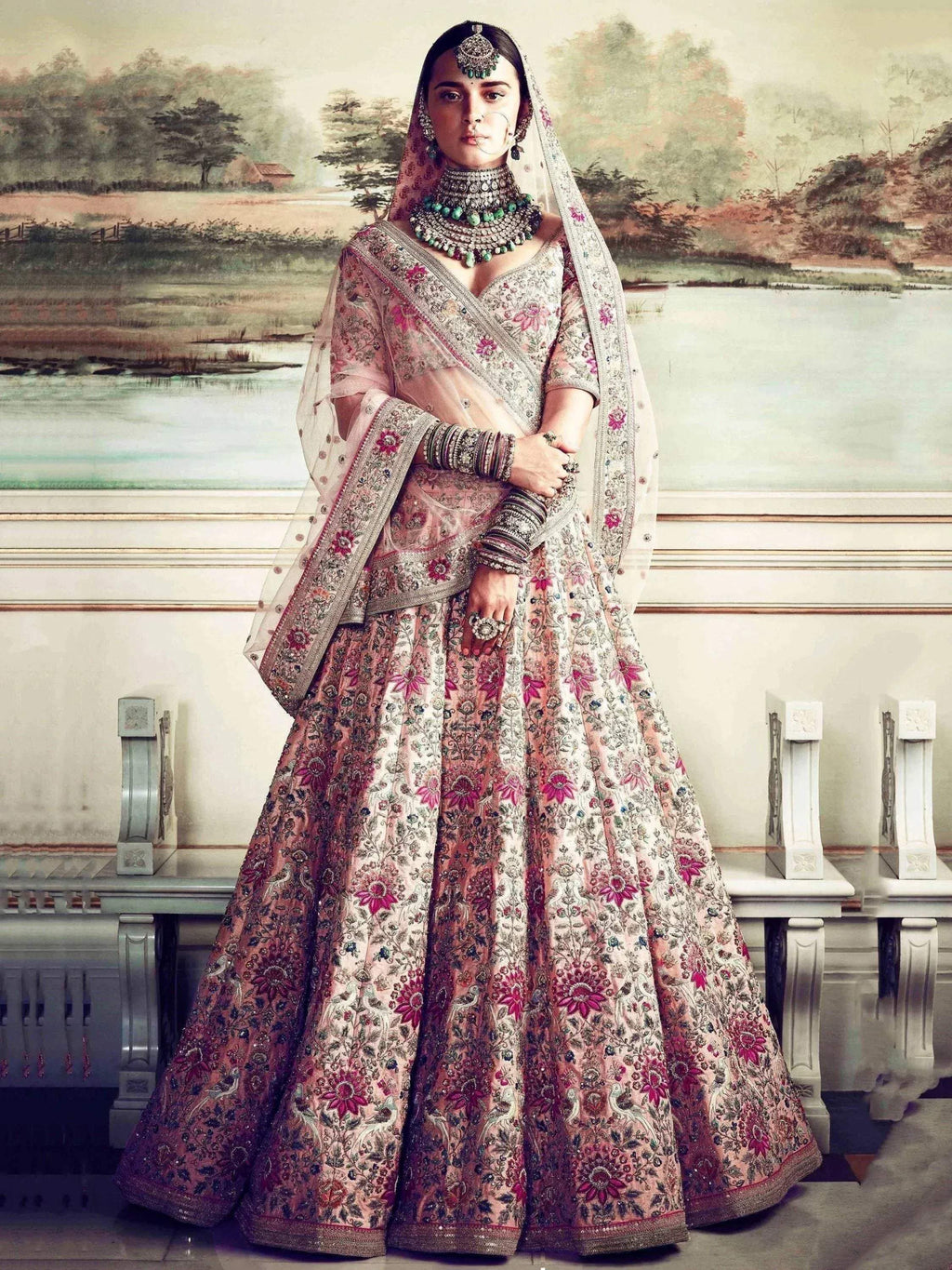 Tulsi Art Peach Embroidered Taffeta Silk Bridal Wear Lehenga Choli | Grocsy