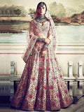 Tulsi Art Peach Embroidered Taffeta Silk Bridal Wear Lehenga Choli | Grocsy