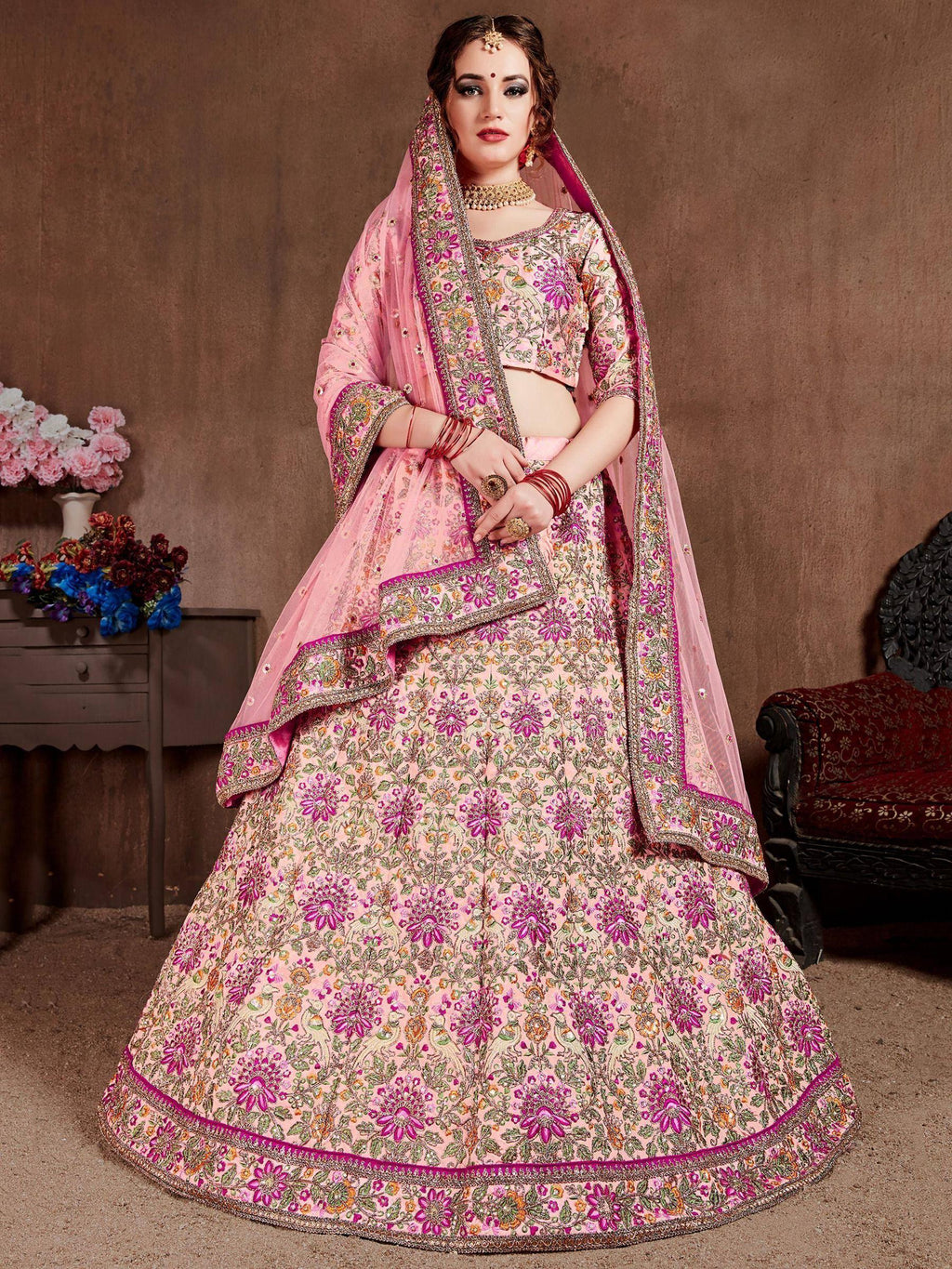Tulsi Art Peach Embroidered Taffeta Silk Bridal Wear Lehenga Choli | Grocsy