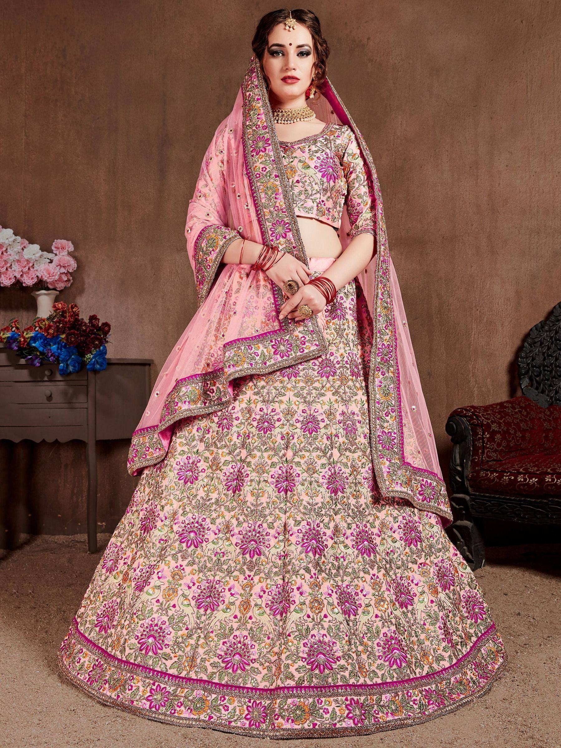 Tulsi Art Peach Embroidered Taffeta Silk Bridal Wear Lehenga Choli | Grocsy
