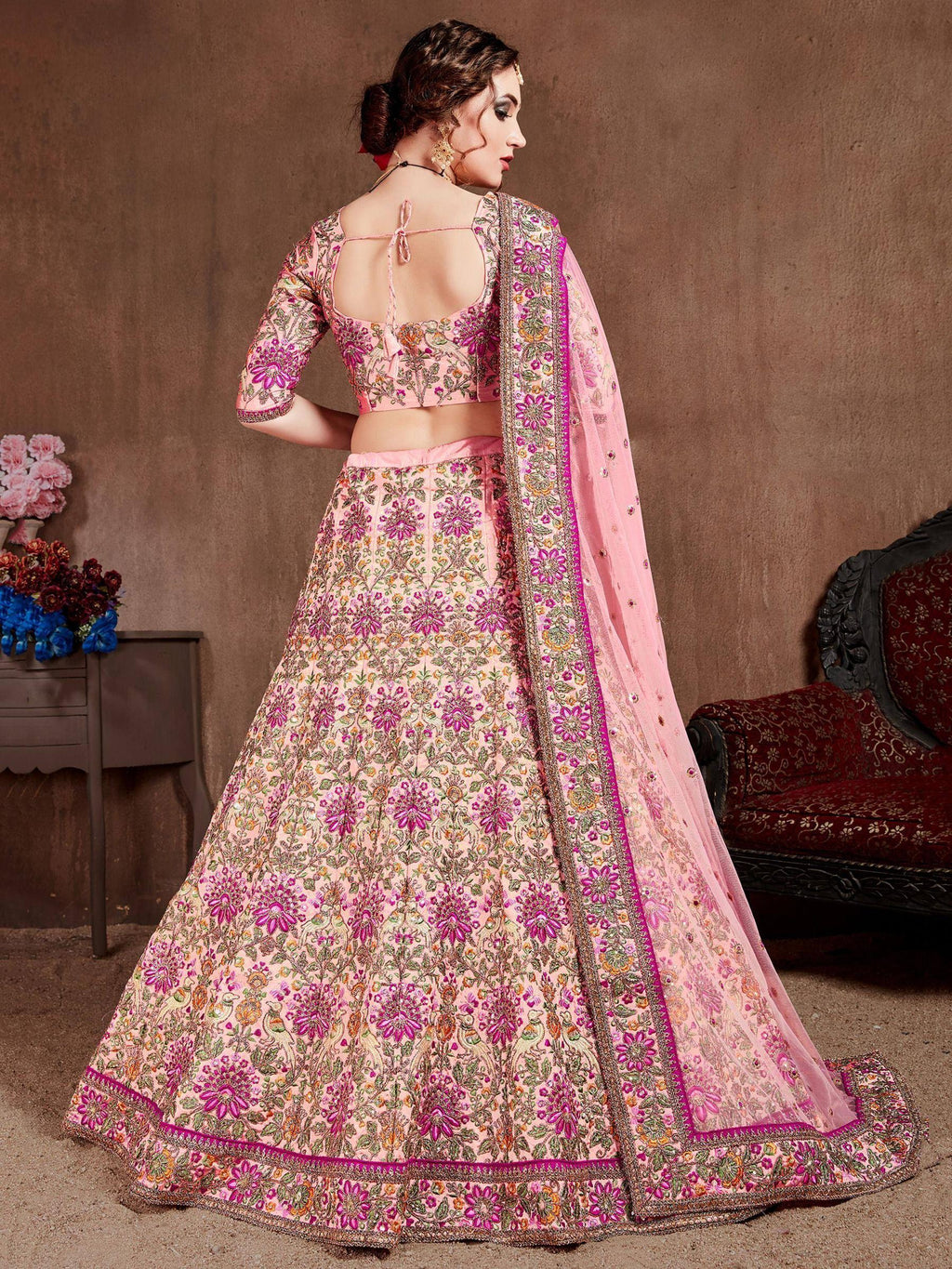Tulsi Art Peach Embroidered Taffeta Silk Bridal Wear Lehenga Choli | Grocsy
