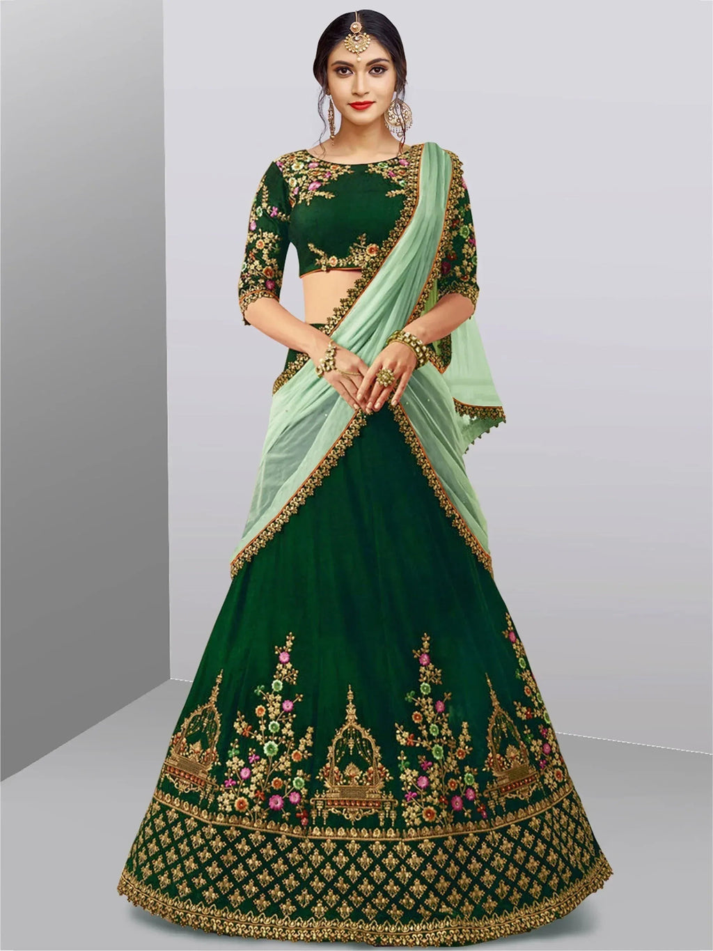 Tulsi Art Dark Green Embroidered Taffeta Silk Bridal Lehenga Choli | Grocsy