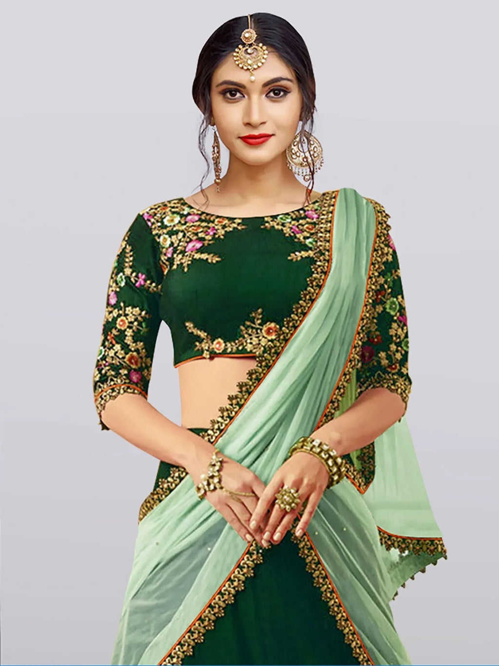 Tulsi Art Dark Green Embroidered Taffeta Silk Bridal Lehenga Choli | Grocsy