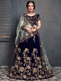 Tulsi Art Navy Blue Embroidered Velvet Bridal Wear Lehenga Choli With Dupatta | Grocsy