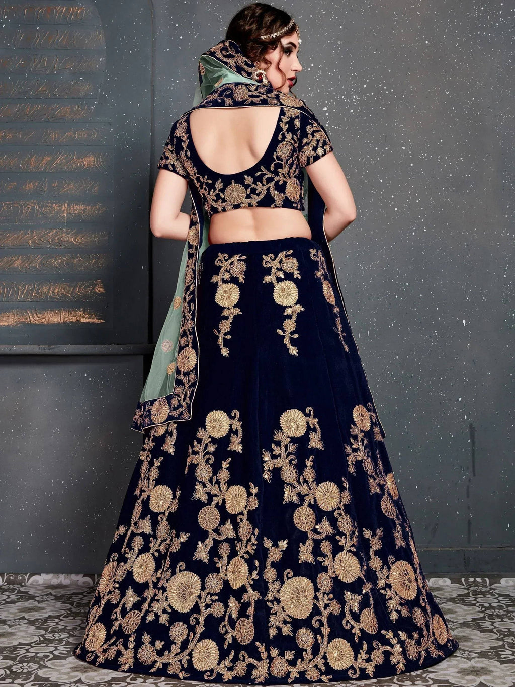 Tulsi Art Navy Blue Embroidered Velvet Bridal Wear Lehenga Choli With Dupatta | Grocsy