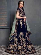 Tulsi Art Navy Blue Embroidered Velvet Bridal Wear Lehenga Choli With Dupatta | Grocsy