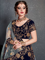 Tulsi Art Navy Blue Embroidered Velvet Bridal Wear Lehenga Choli With Dupatta | Grocsy
