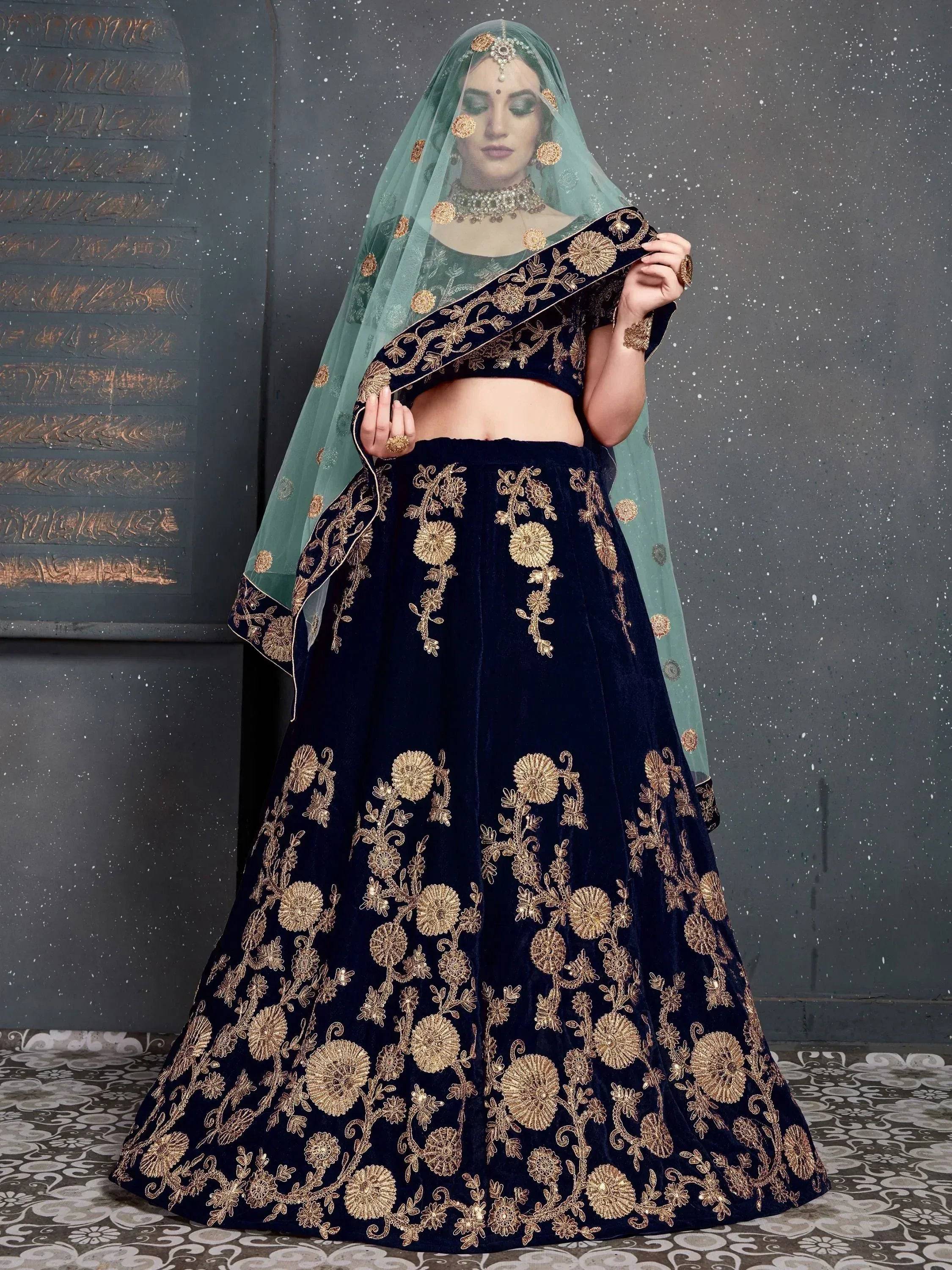 Tulsi Art Navy Blue Embroidered Velvet Bridal Wear Lehenga Choli With Dupatta | Grocsy