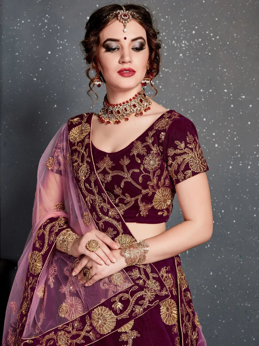 Tulsi Art Purple Embroidered Velvet Wedding Lehenga Choli | Grocsy