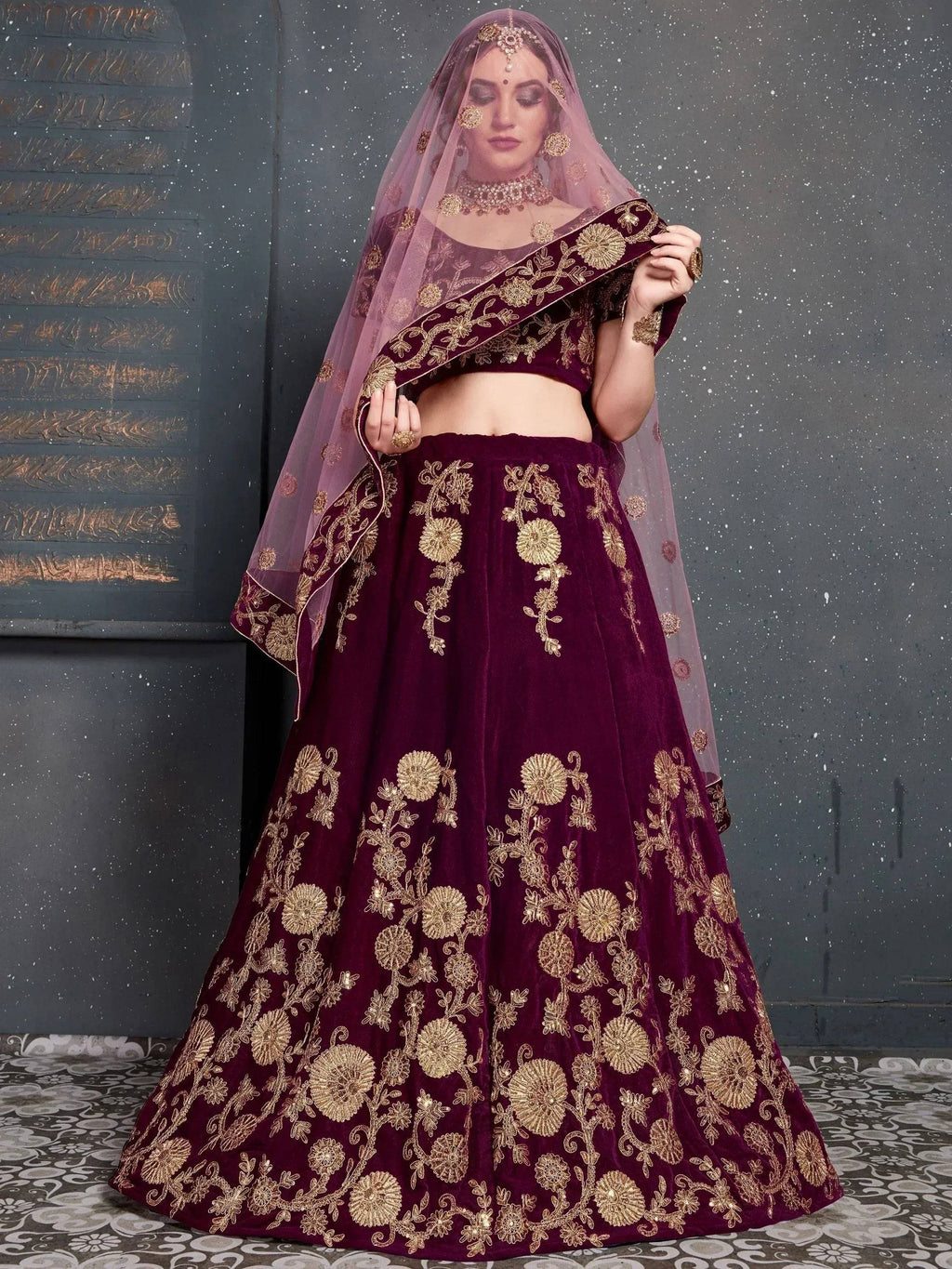 Tulsi Art Purple Embroidered Velvet Wedding Lehenga Choli | Grocsy