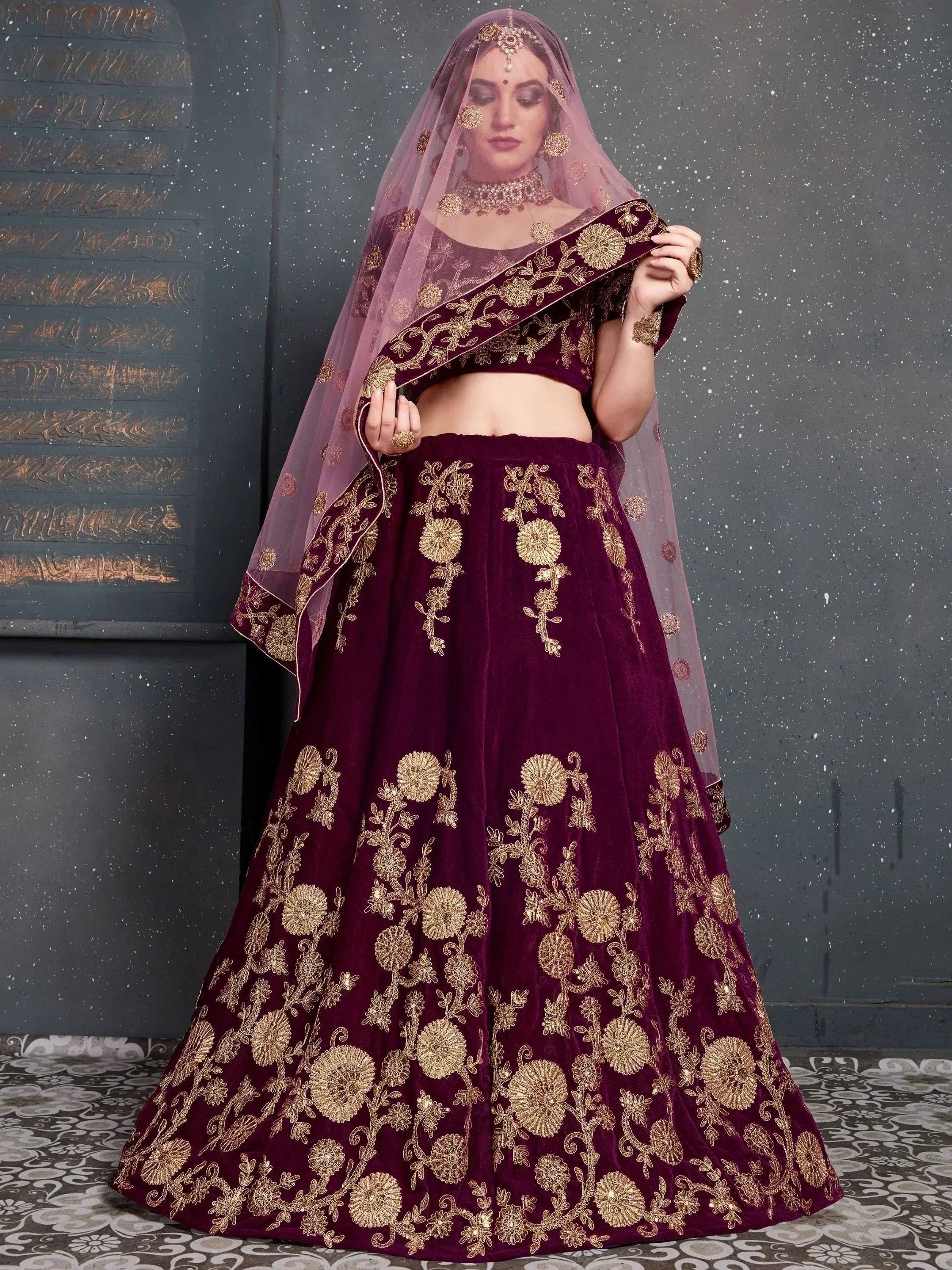 Tulsi Art Purple Embroidered Velvet Wedding Lehenga Choli | Grocsy