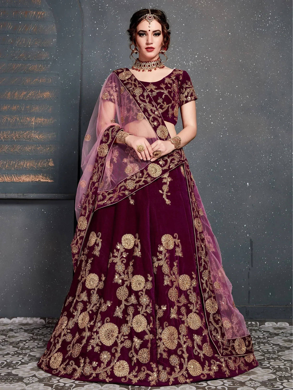 Tulsi Art Purple Embroidered Velvet Wedding Lehenga Choli | Grocsy