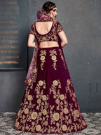 Tulsi Art Purple Embroidered Velvet Wedding Lehenga Choli | Grocsy