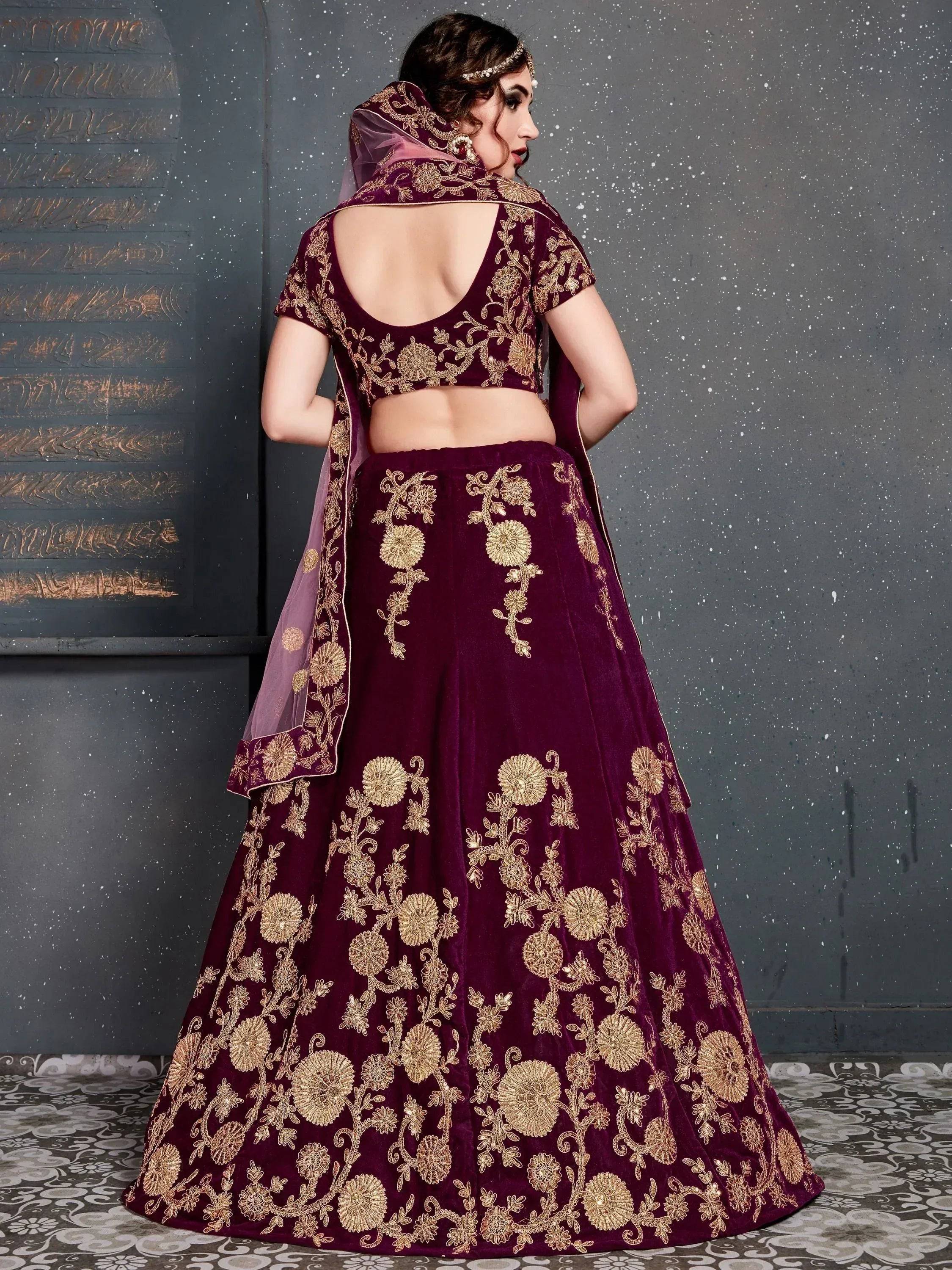 Tulsi Art Purple Embroidered Velvet Wedding Lehenga Choli | Grocsy