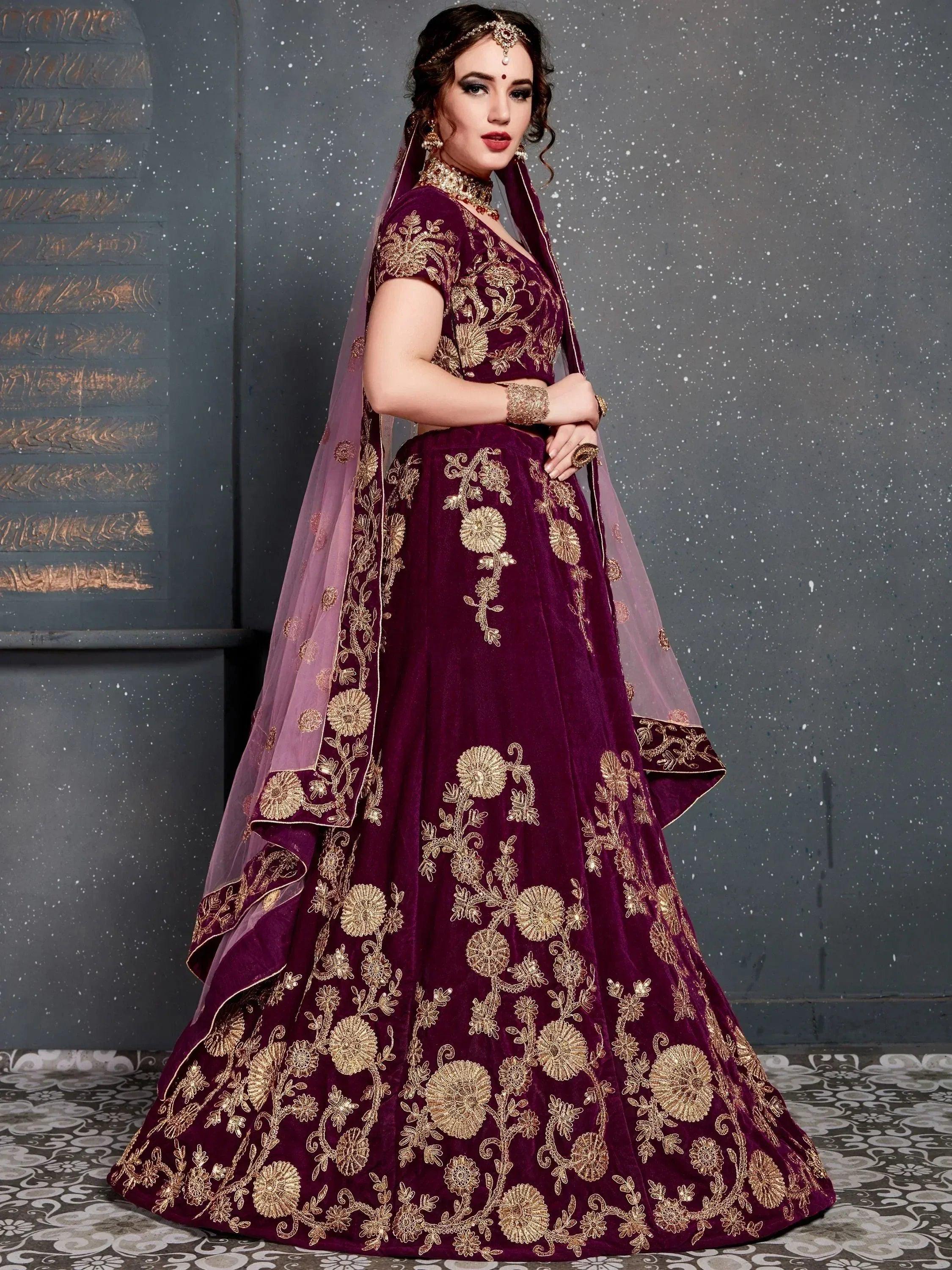 Tulsi Art Purple Embroidered Velvet Wedding Lehenga Choli | Grocsy