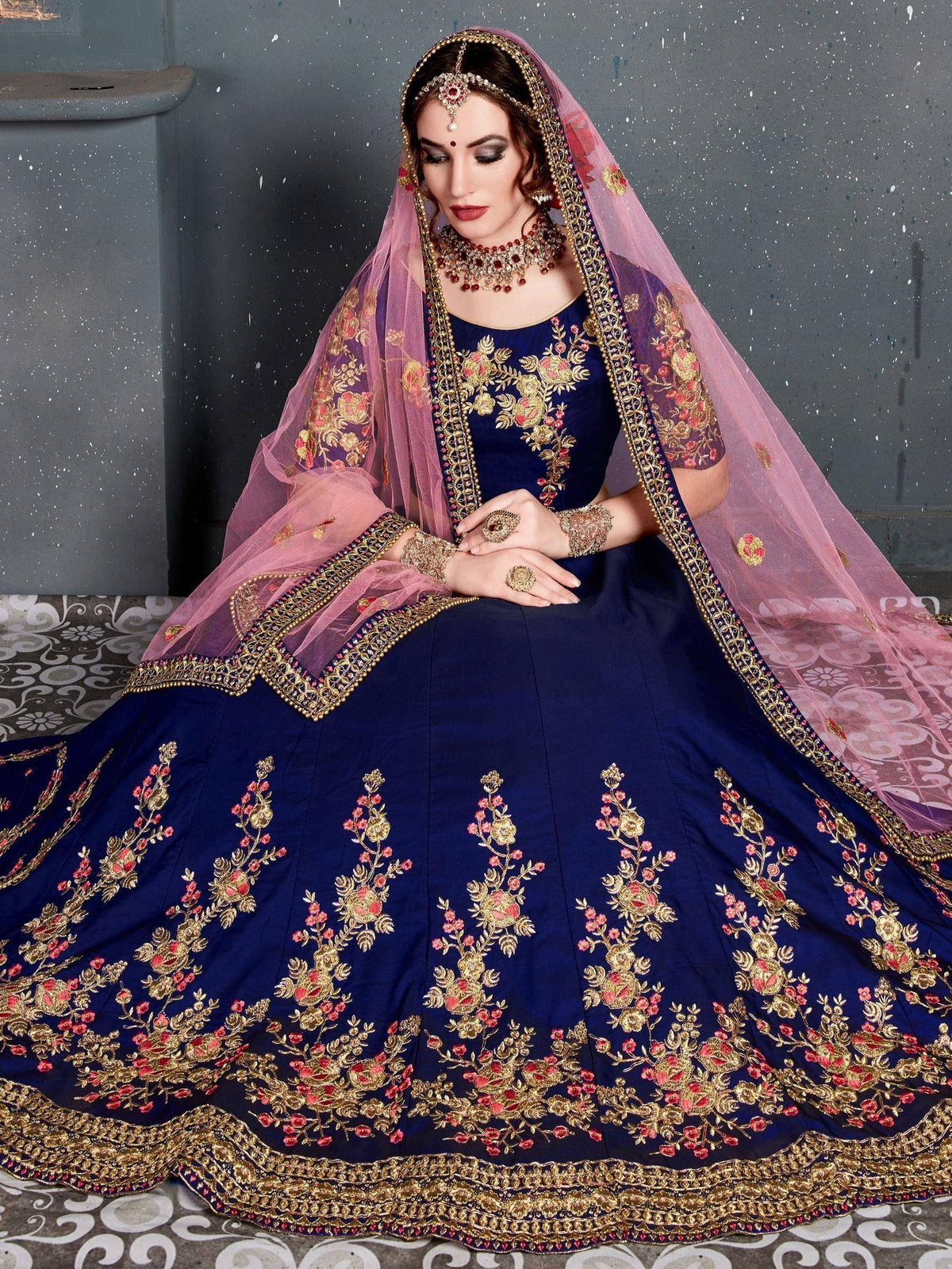 Tulsi Art Navy Blue Embroidered Taffeta Silk Bridal Lehenga Choli With Dupatta | Grocsy
