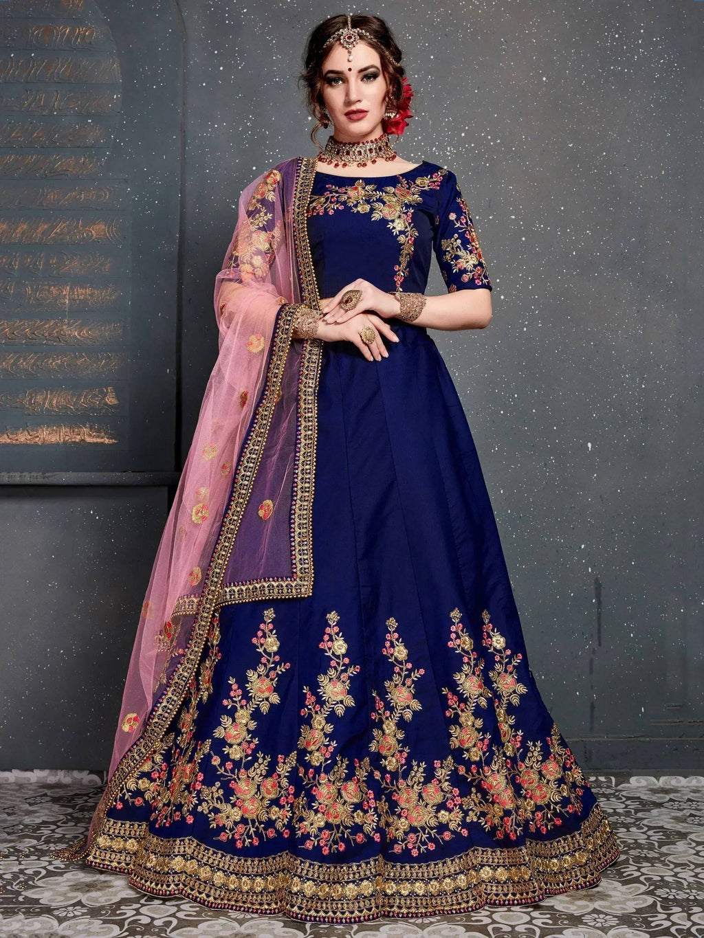 Tulsi Art Navy Blue Embroidered Taffeta Silk Bridal Lehenga Choli With Dupatta | Grocsy