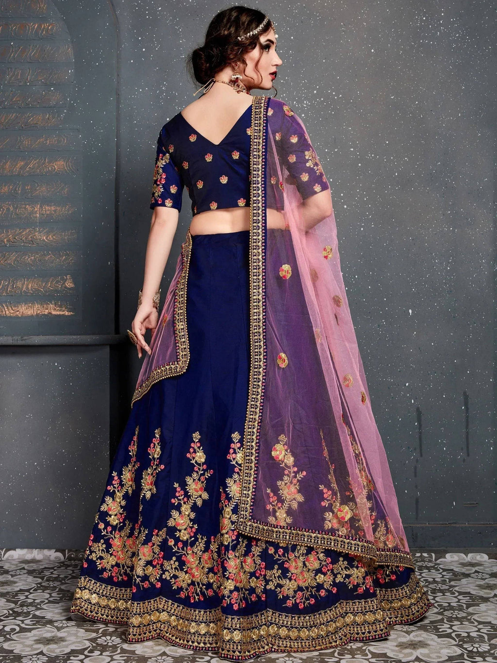 Tulsi Art Navy Blue Embroidered Taffeta Silk Bridal Lehenga Choli With Dupatta | Grocsy