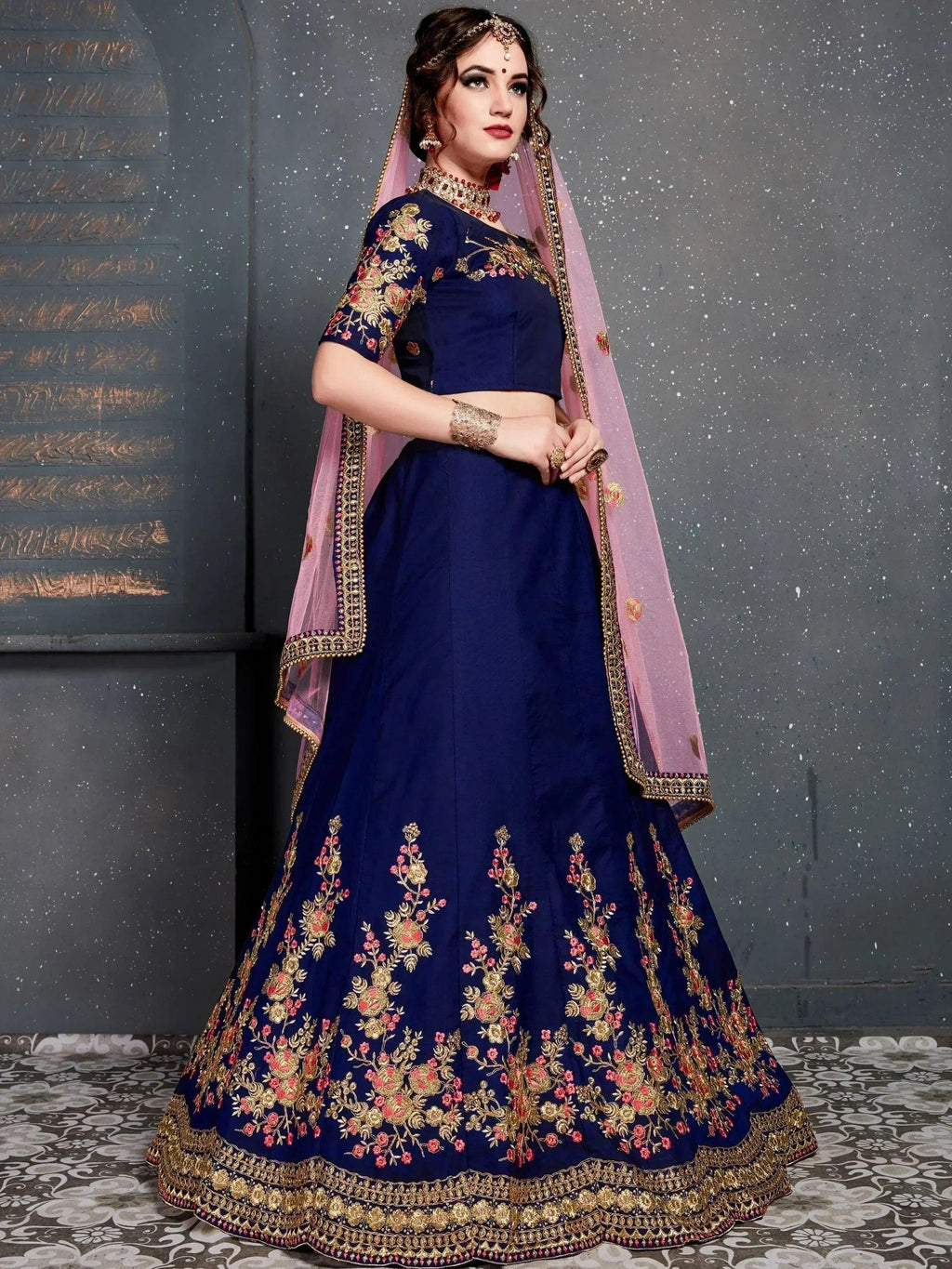 Tulsi Art Navy Blue Embroidered Taffeta Silk Bridal Lehenga Choli With Dupatta | Grocsy