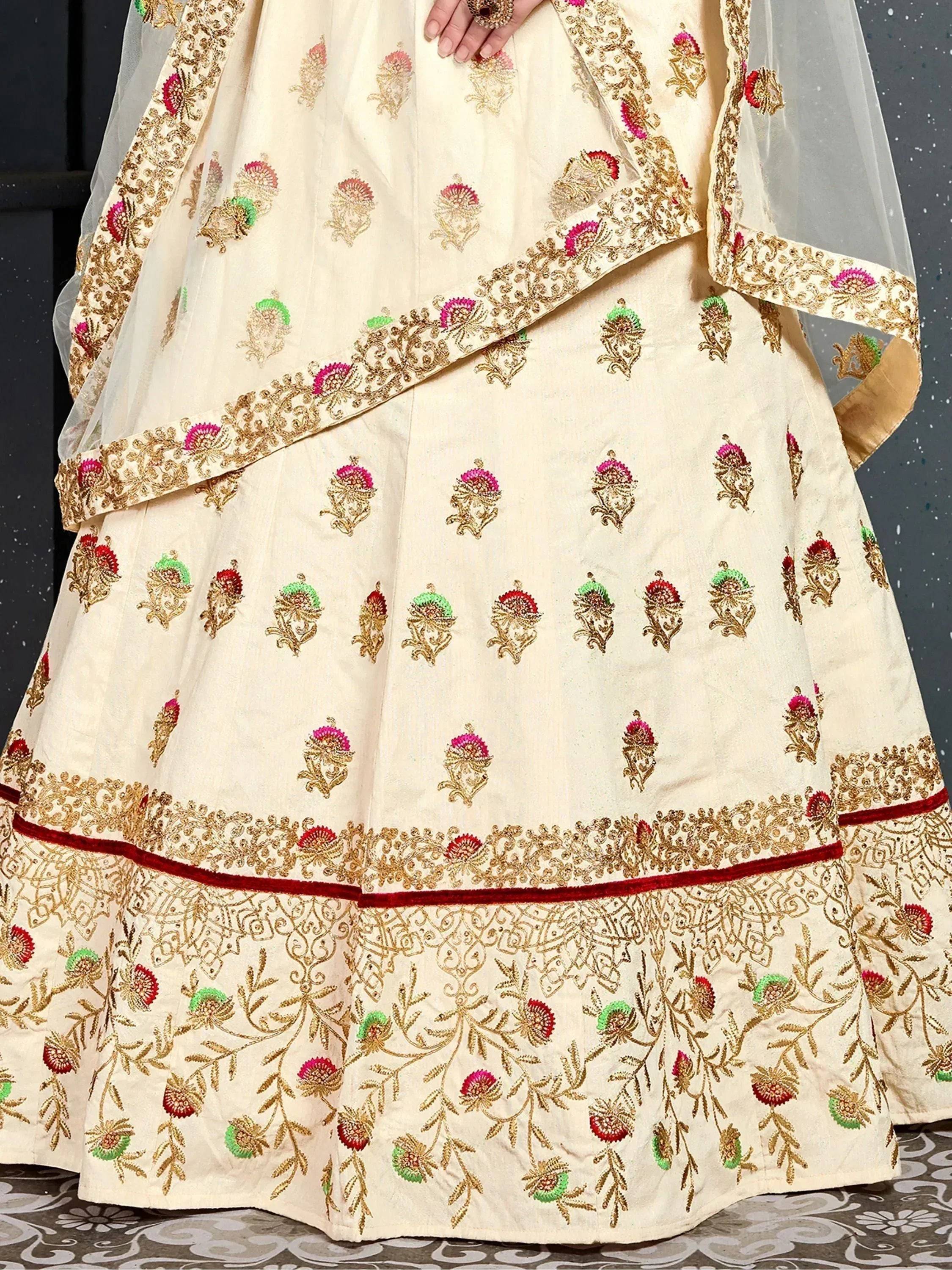 Tulsi Art Cream Embroidered Silk Bridal Lehenga Choli | Grocsy