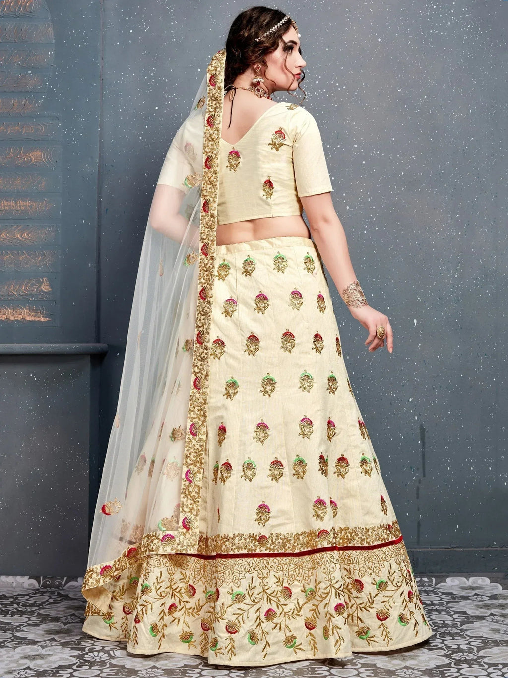 Tulsi Art Cream Embroidered Silk Bridal Lehenga Choli | Grocsy