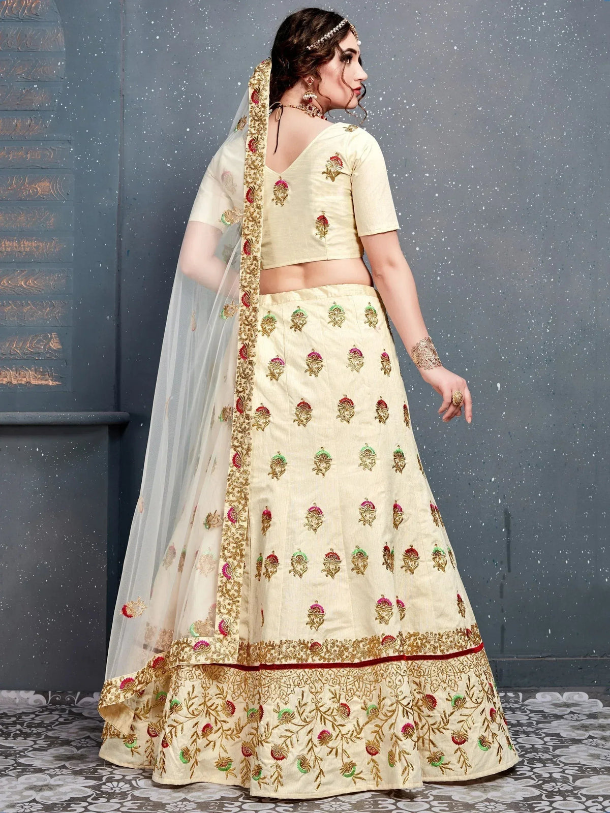 Tulsi Art Cream Embroidered Silk Bridal Lehenga Choli | Grocsy