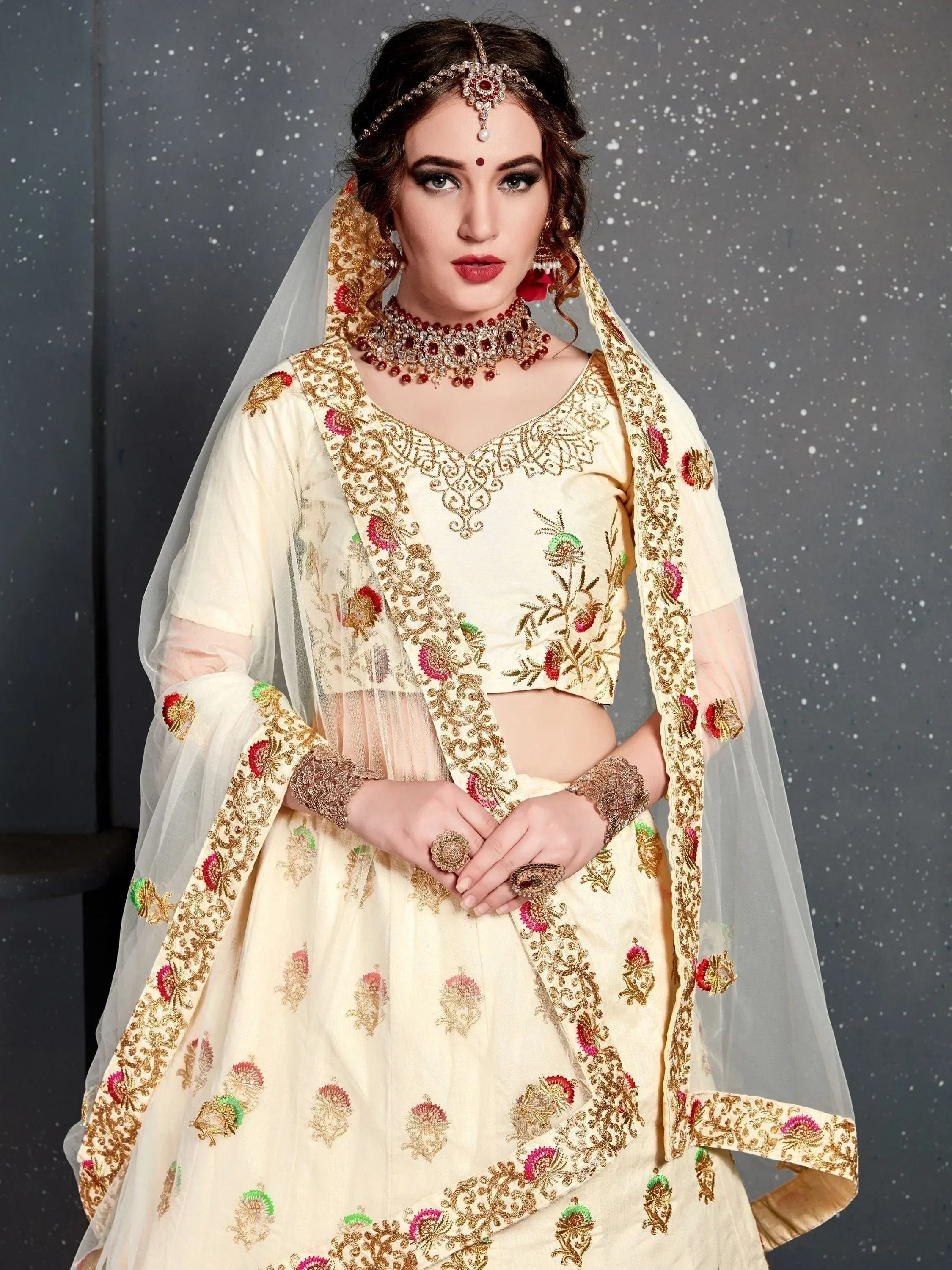Tulsi Art Cream Embroidered Silk Bridal Lehenga Choli | Grocsy