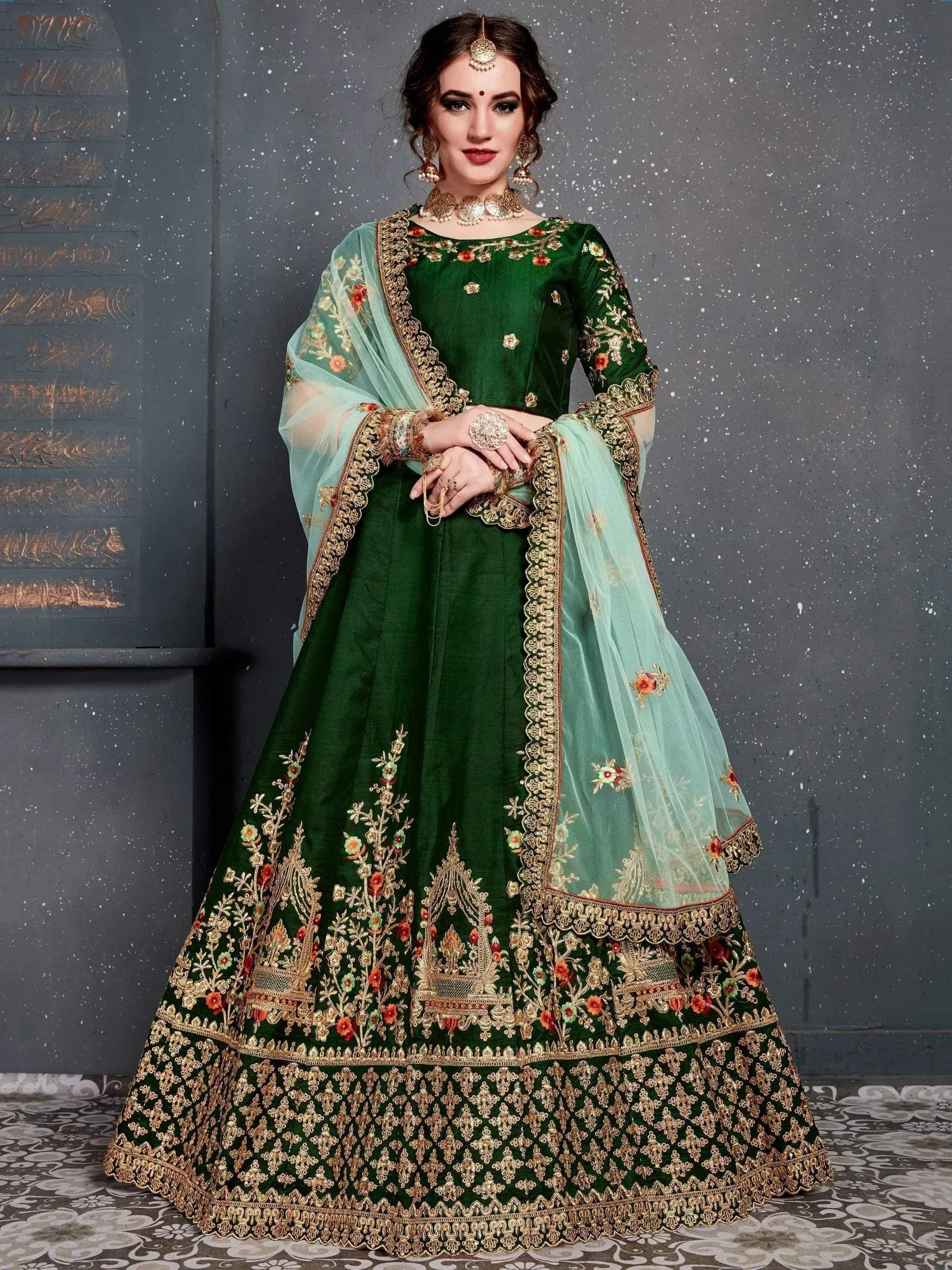 Tulsi Art Bottle Green Embroidered Silk Bridal Lehenga Choli | Grocsy
